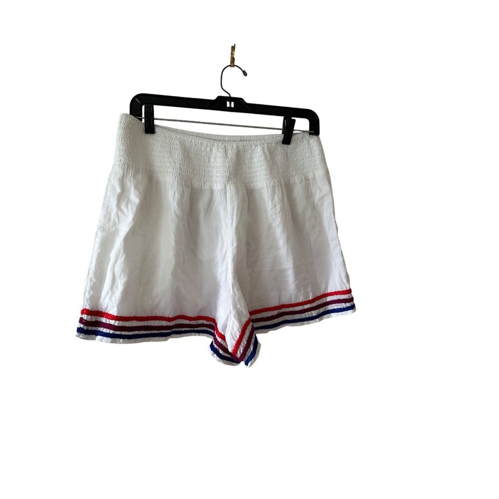 Lovers + Friends White Shorts Red & Blue Stripes Trim Smocked Waist Casual Sz L